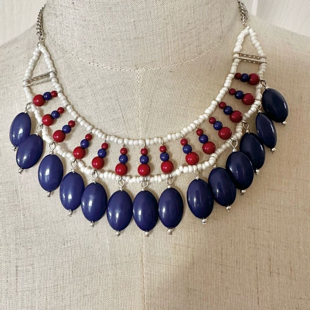 Red white and blue beaded bib necklace